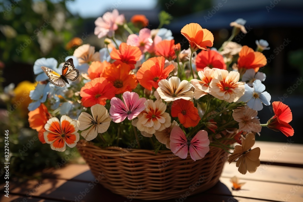 Basket of country flowers, vibrant colors and butterflies., generative IA