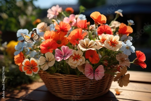 Basket of country flowers, vibrant colors and butterflies., generative IA © JONATAS