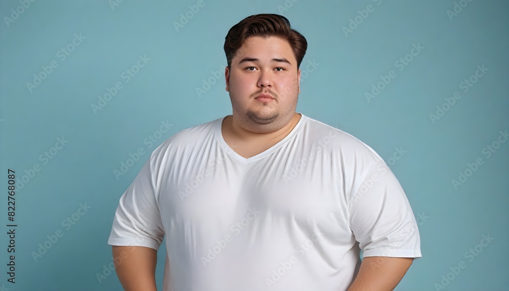overweight plus size male model front posing over a pastel blue background overweight plus size male model front posing over a pastel blue background