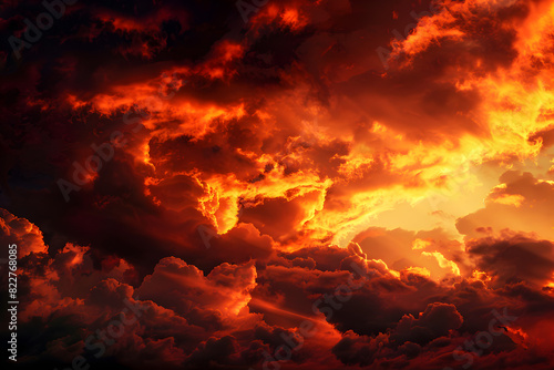 A red and dark sunset with ominous clouds, creating a haunting and spooky atmosphere. Suitable for horror or dramatic concept use