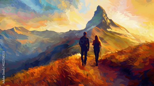 Sunrise Trek: Man and Woman Conquering Mountain Trail