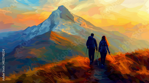 Trailblazing Duo Trekking Towards Sunrise-Lit Summit © jesica