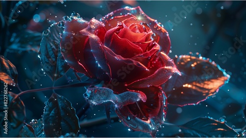 a glowing rose flower with a vibrant contrast of red and blue hues made of glass or crystal, illuminated from within or by ambient light
