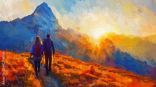 Sunrise Hike  Man and Woman Embark on Mountain Trail