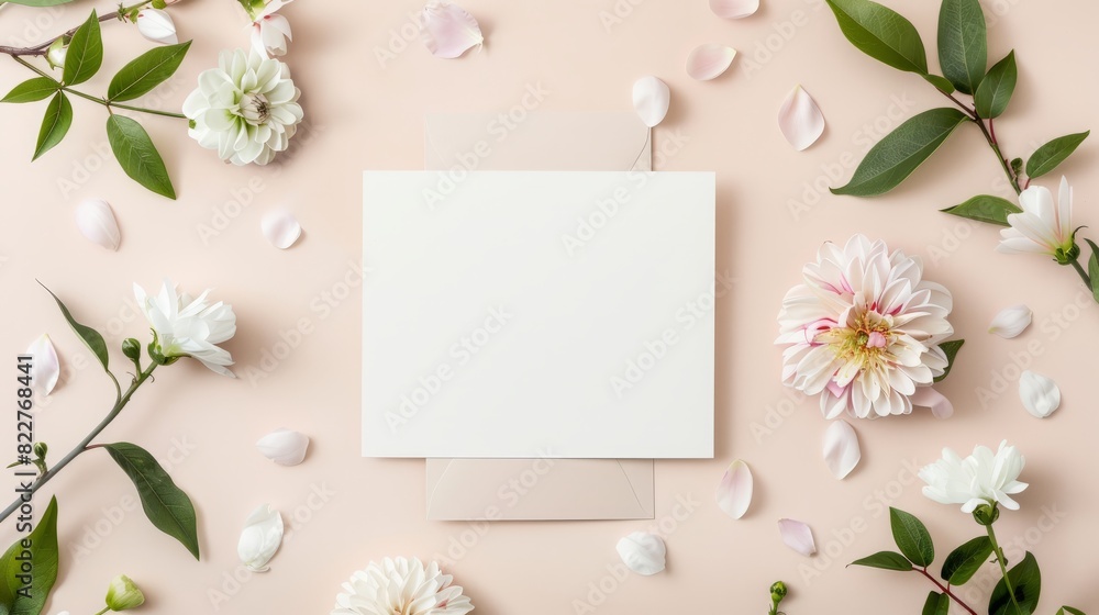 Wedding invitation or greeting card mockup, flat lay with flowers on paper background Wedding invitation or greeting card mockup, flat lay with flowers on paper background