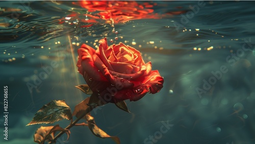a single red rose submerged underwater. illuminated by a shaft of light penetrating the water from above, creating a glowing effect on the petals and leaves