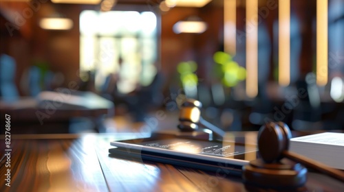 A blurred background of a busy law office with a foreground of a tablet displaying relevant case laws pulled up by an AI program. photo