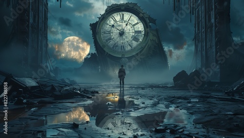 old wall clock, a surreal and atmospheric scene with a colossal clock face embedded into a wall of what appears to be a ruined or ancient structure
