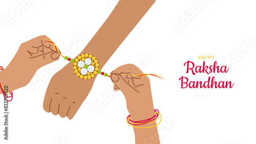 Happy Raksha Bandhan Indian Festival rakhi banner. Sister ties bracelet on her brothers arm. Greeting card invitation design web design. Vector illustration.
