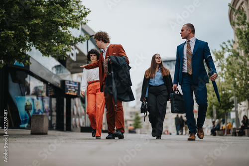 Group of business professionals walking on a city street, engaged in conversation. They are dressed in formal attire and appear focused on their discussion.