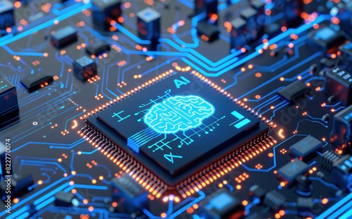 3D render of a chip with a brain on a circuit board.