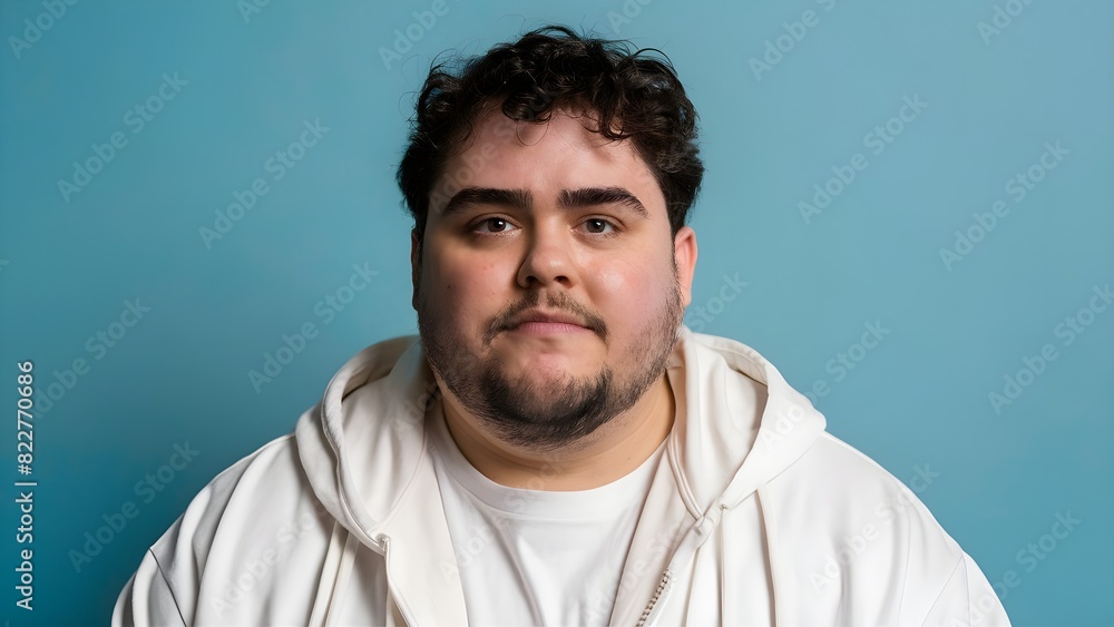 overweight plus size male model front posing over a pastel blue background overweight plus size male model front posing over a pastel blue background