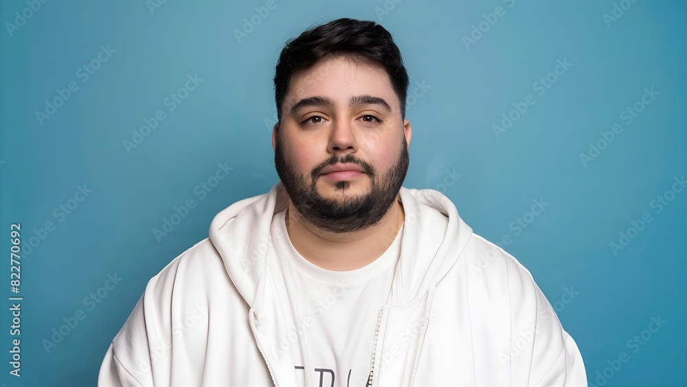 overweight plus size male model front posing over a pastel blue background overweight plus size male model front posing over a pastel blue background