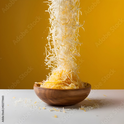 Falling in motion shredded mozzarella cheese on yellow background.