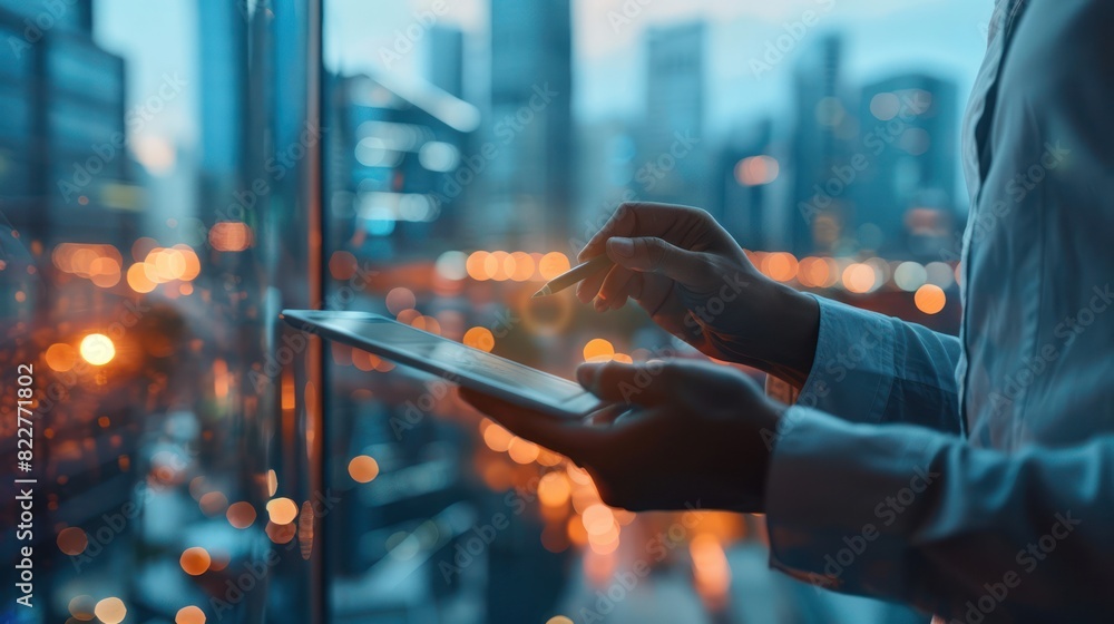 A business professional using a sleek tablet in a modern office, seamlessly integrating technology into their workflow, with a backdrop of large windows overlooking a cityscape