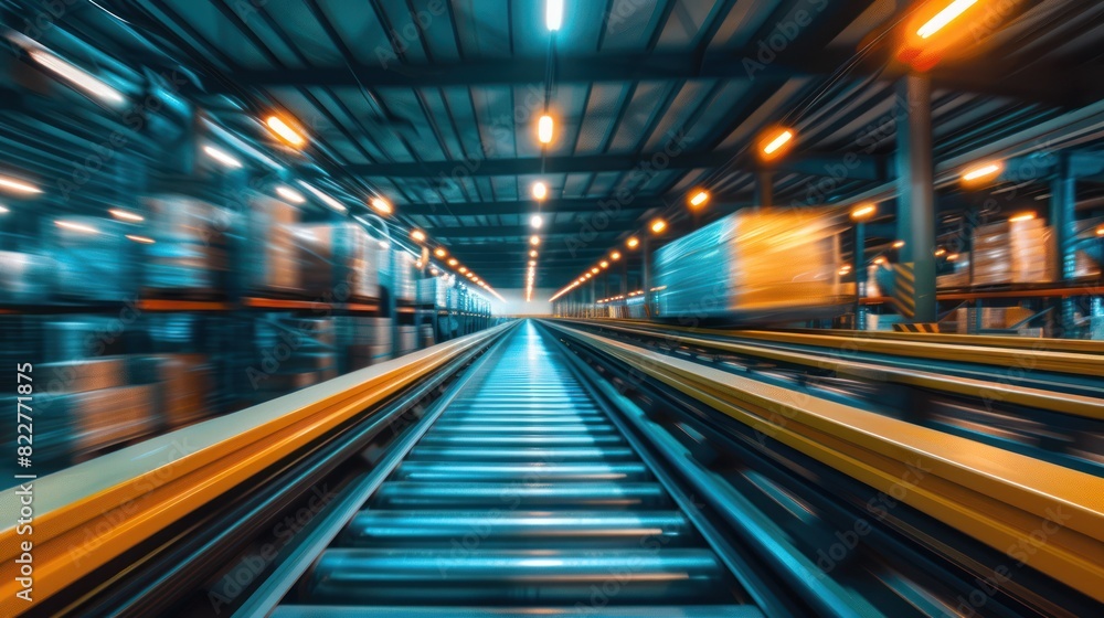 dynamic blur of a parcel conveyor belt in a warehouse, showcasing the swift movement and logistics behind online shopping and ecommerce.