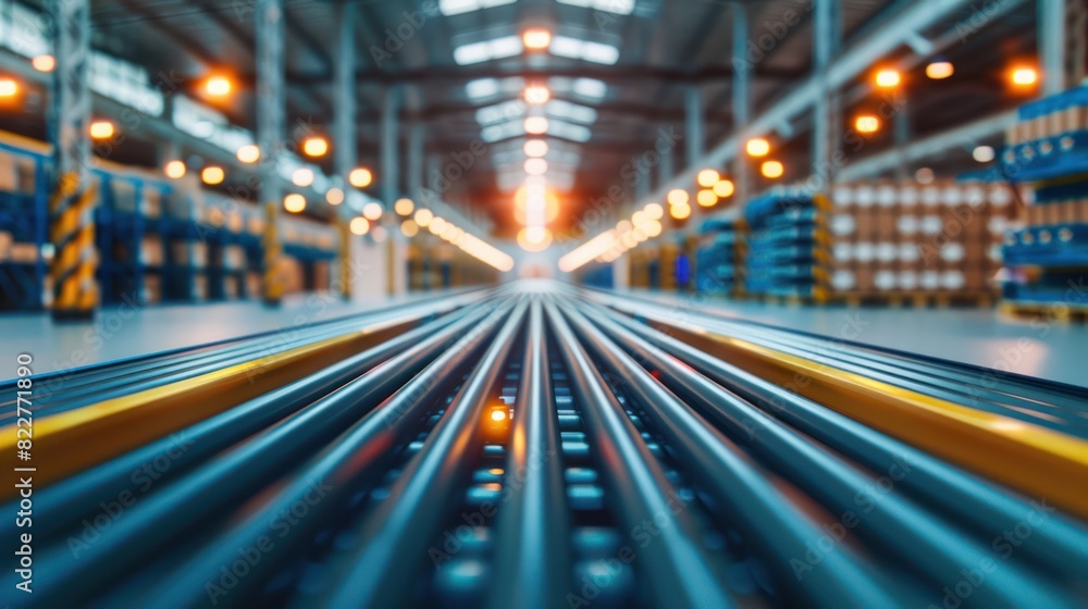 dynamic blur of a parcel conveyor belt in a warehouse, showcasing the swift movement and logistics behind online shopping and ecommerce. dynamic blur of a parcel conveyor belt in a warehouse, showcasing the swift movement and logistics behind online shopping and ecommerce.