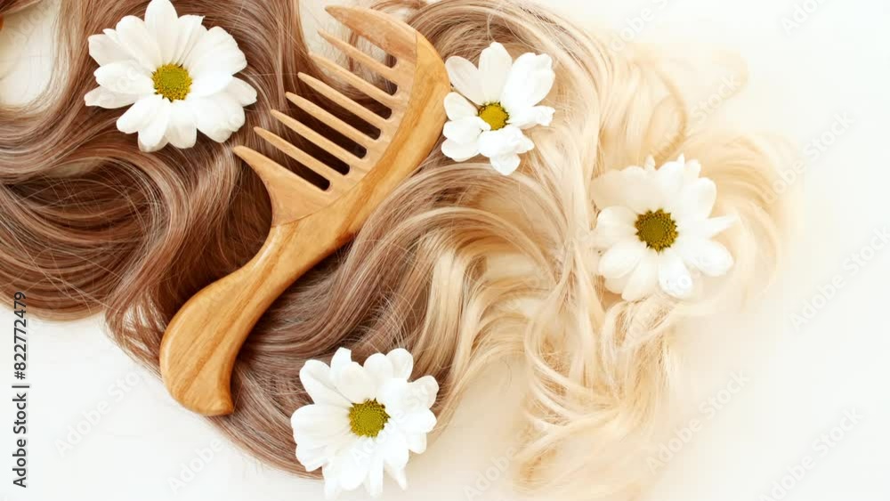 Chamomile flowers in blond wavy hair on white background. Shiny woman hair strand, curl. Hair care and beauty salon. Natural cosmetic products. Hair color palette. High quality 4k footage Chamomile flowers in blond wavy hair on white background. Shiny woman hair strand, curl. Hair care and beauty salon. Natural cosmetic products. Hair color palette. High quality 4k footage