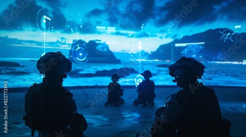 A team of players strategizing in an augmented reality war game projected onto a deserted island. photo