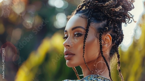Beautiful Black Woman With Curly Braids And Bun. ??oncept Nature-Inspired Photoshoot, Bohemian Vibes, Urban Street Style, Glamorous Evening Look photo