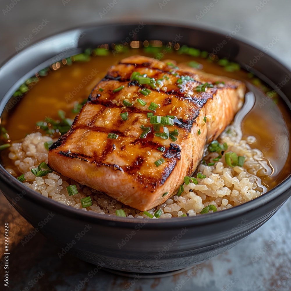 A bowl of food with a piece of grilled salmon and rice. The salmon is cooked and has a nice sear. The bowl is black and shiny A bowl of food with a piece of grilled salmon and rice. The salmon is cooked and has a nice sear. The bowl is black and shiny