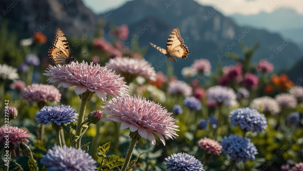 a flower garden, close up, light colors, white, soft purple, blue sky, soft pink, butterflies, landscape, high quality, dreamy style, fantasy garden, flower, mountain in background a flower garden, close up, light colors, white, soft purple, blue sky, soft pink, butterflies, landscape, high quality, dreamy style, fantasy garden, flower, mountain in background