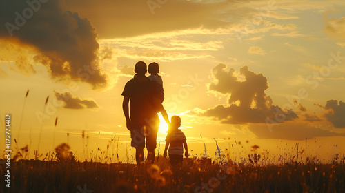 silueta de un papa con sus hijos caminando en un parque al atardecer al aire libre festejando el dia del padre