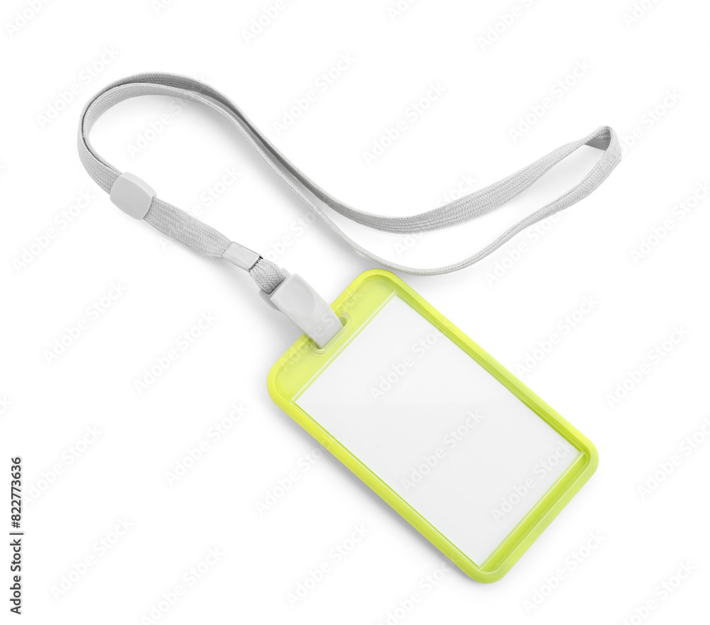 Blank yellow badge with string isolated on white, top view