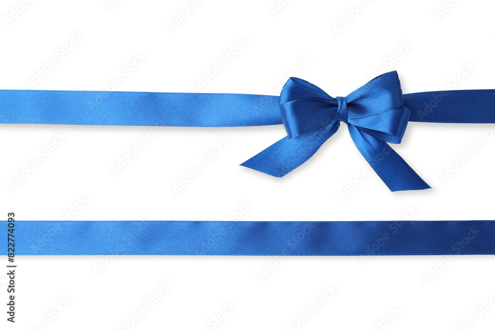 Blue satin ribbons with bow on white background, top view Blue satin ribbons with bow on white background, top view