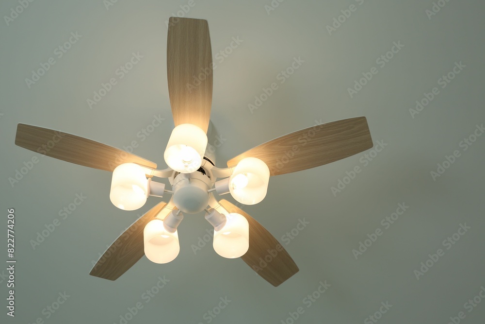 Ceiling fan with lamps indoors, low angle view Ceiling fan with lamps indoors, low angle view