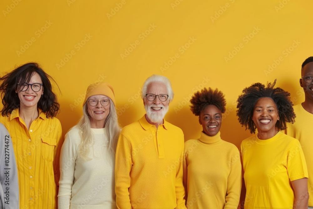 Cheerful diverse group of people looking at camera while standing against yellow background Cheerful diverse group of people looking at camera while standing against yellow background