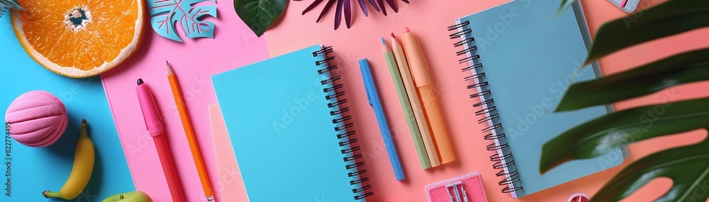 Imagine a flat lay of school supplies with a summer twist, like tropicalthemed notebooks Imagine a flat lay of school supplies with a summer twist, like tropicalthemed notebooks