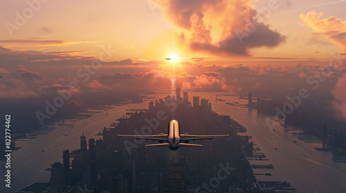 plane passes over the city photo
