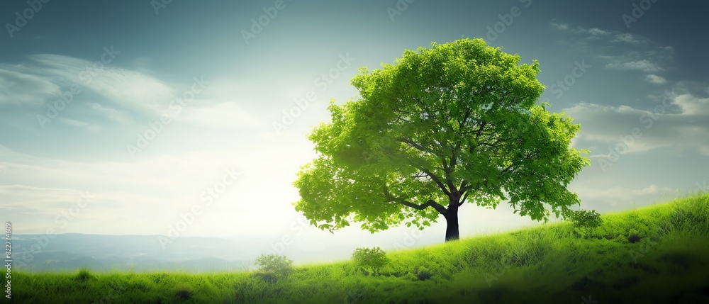 An image showcasing ecological practices for an environmentally friendly and sustainable future, featuring a vibrant green tree in full foliage with ample copy space for text An image showcasing ecological practices for an environmentally friendly and sustainable future, featuring a vibrant green tree in full foliage with ample copy space for text