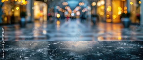 Black marble stone table top with blurred background of luxury shopping mall street in the evening, for product display montage