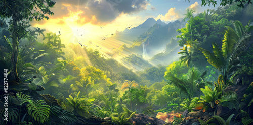 digital art of the jungle, dense vegetation, tropical plants and trees with rocks in front of it, a wide view showing mountains in background, a misty sky, birds flying around