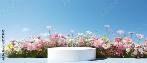 Wallpaper Mural Elegant white podium display mockup standing amidst a vibrant field of colorful spring flowers under a clear blue sky, perfect for product presentations or showcasing designs Torontodigital.ca