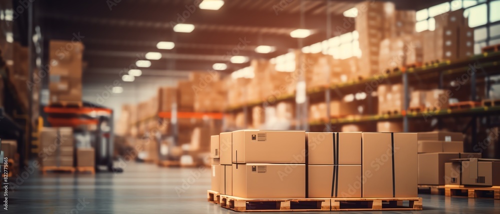 Soft focus on a warehouse interior filled with boxes and parcels, hinting at the logistics behind ecommerce, ecommerce background, with copy space Soft focus on a warehouse interior filled with boxes and parcels, hinting at the logistics behind ecommerce, ecommerce background, with copy space