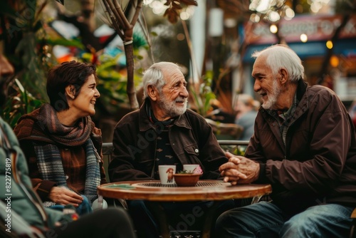 Group of senior friends talking and drinking coffee at a street cafe.