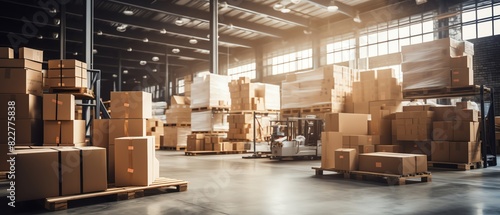 Soft focus on a warehouse interior filled with boxes and parcels, hinting at the logistics behind ecommerce, ecommerce background, with copy space photo