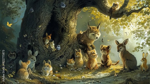 Fototapeta Naklejka Na Ścianę i Meble -  A group of woodland animals gathered around a talking tree, listening to a story,
