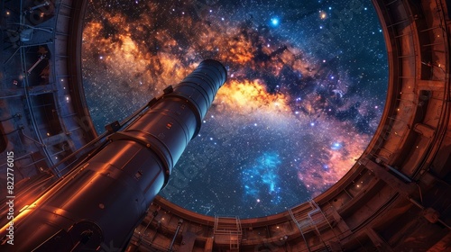 A large, hightech telescope in an observatory dome under a starry sky, photo