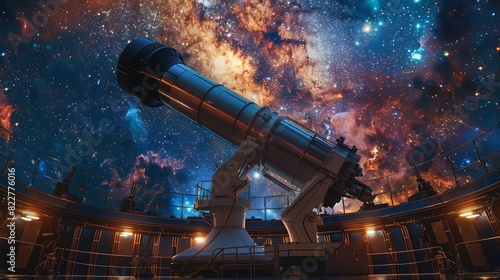 A large, hightech telescope in an observatory dome under a starry sky, photo