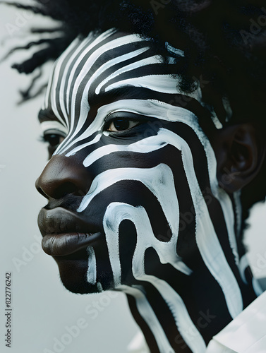 Man with zebra stripes painted on face in electric blue