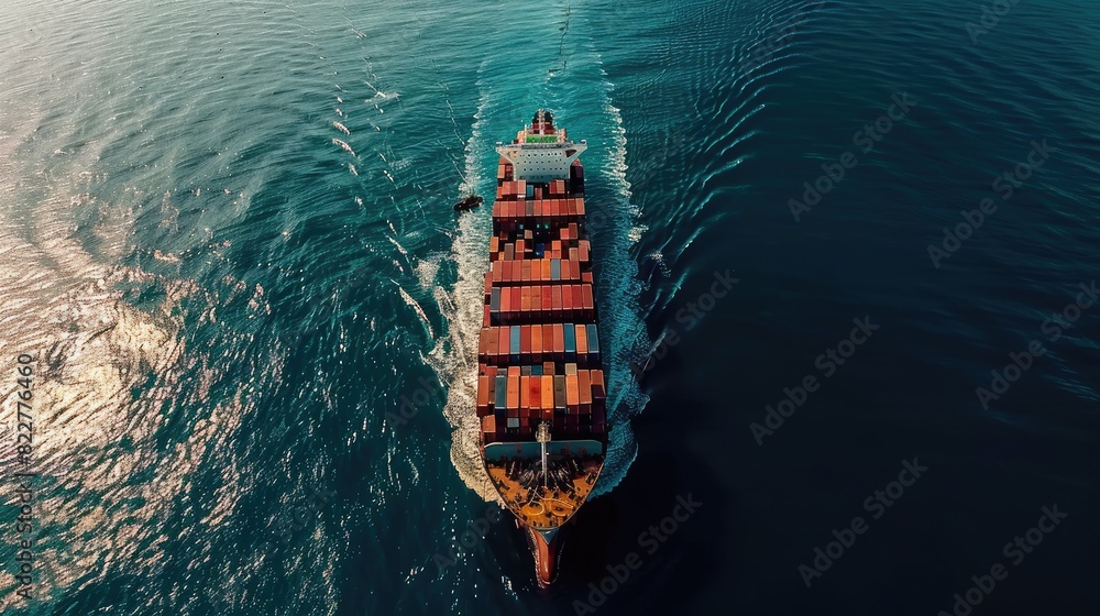 A large cargo ship is sailing through the ocean. The ship is carrying a large amount of cargo and is surrounded by water