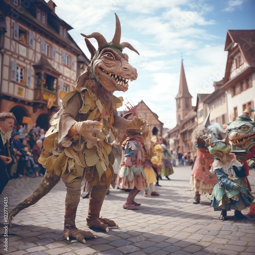 A group of people dressed in costumes  including a dragon and a goat  are walking down a street