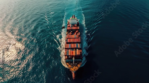 A large cargo ship is sailing through the ocean. The ship is carrying a large amount of cargo and is surrounded by water