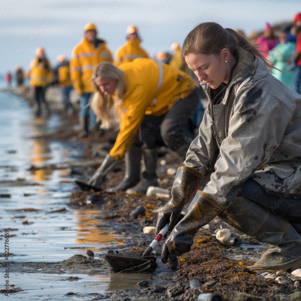 A woman is kneeling in the sand, picking up trash. There are several other people around her, some of whom are also picking up trash. Concept of community and environmental responsibility A woman is kneeling in the sand, picking up trash. There are several other people around her, some of whom are also picking up trash. Concept of community and environmental responsibility