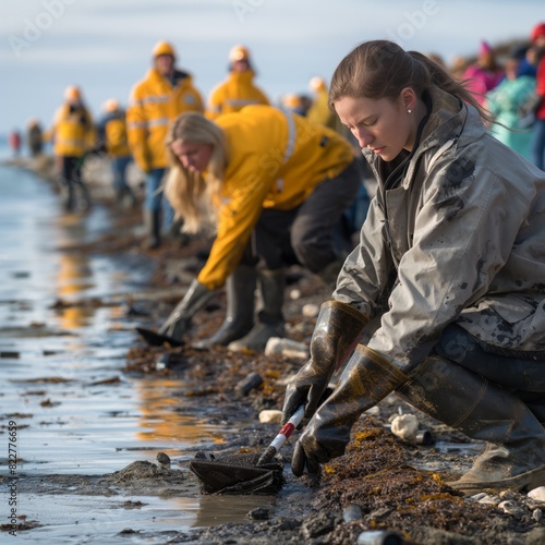 A woman is kneeling in the sand, picking up trash. There are several other people around her, some of whom are also picking up trash. Concept of community and environmental responsibility