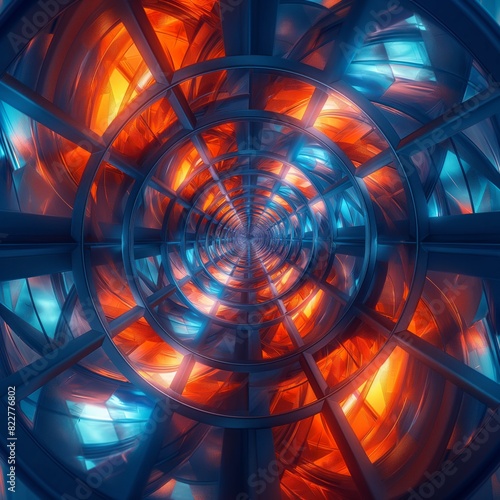 A colorful, abstract design with a blue and orange swirl. The design is made up of many small squares and circles, and it is a part of a larger, more complex structure. The colors are bright photo